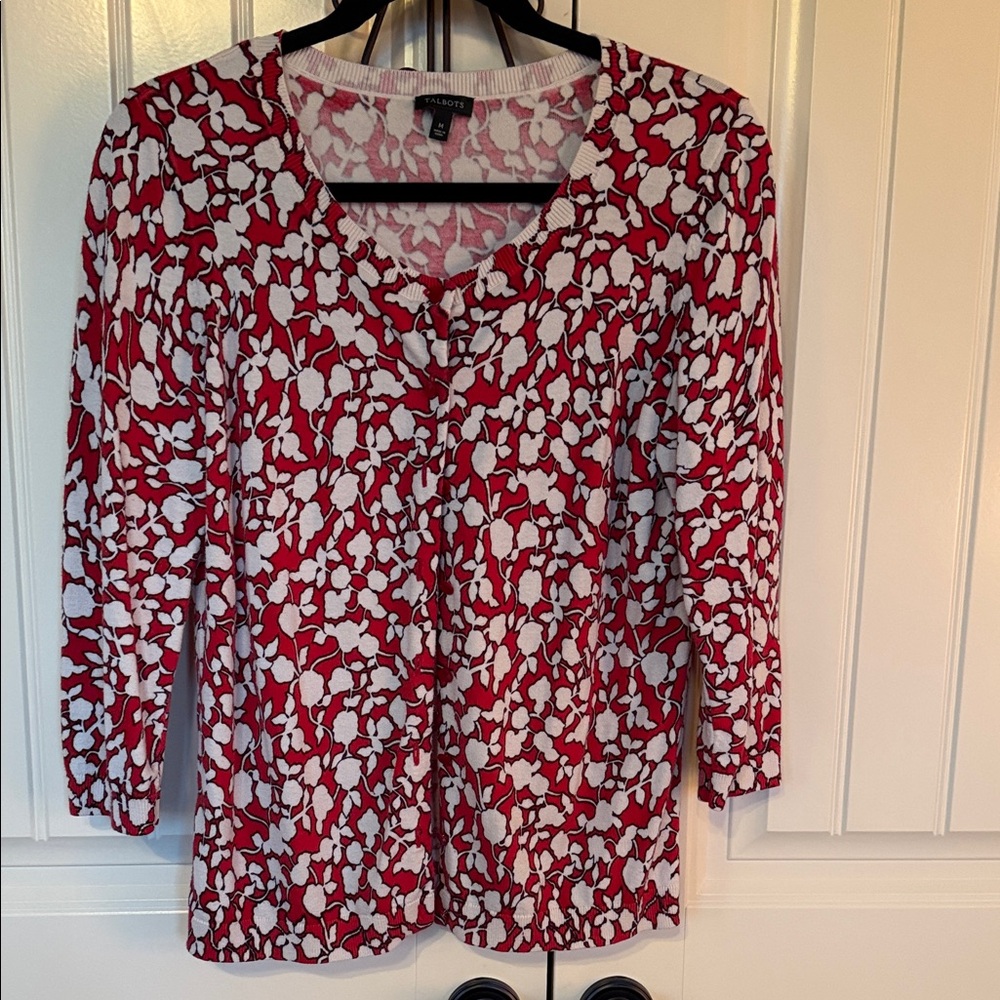 Talbots Red and White Patterned Cardigan